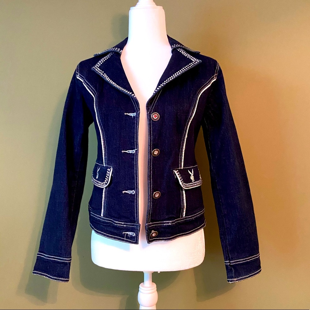 PLAYBOY Dark Blue Denim Jacket with White Contrast Stitching